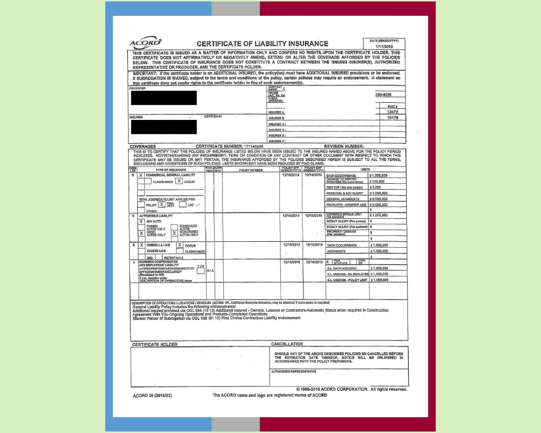 Certificate of Liability Sample Page